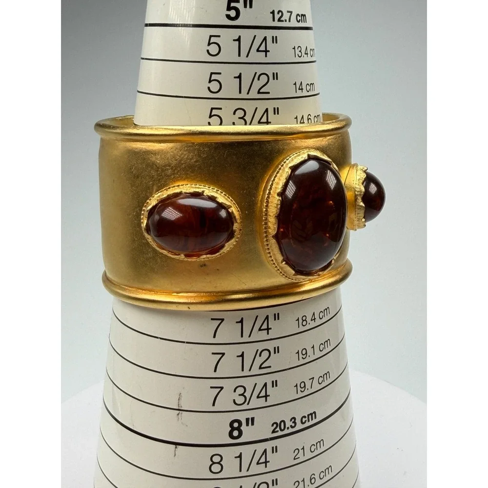 Vintage KJL Kenneth Jay Lane Wide Gold Tone Cuff Bracelet Amber Cabochon #1205